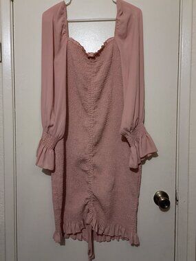 SHEIN Smocked Dress Size L Dusty Pink Long Sleeve Stretchy Ruched Hem